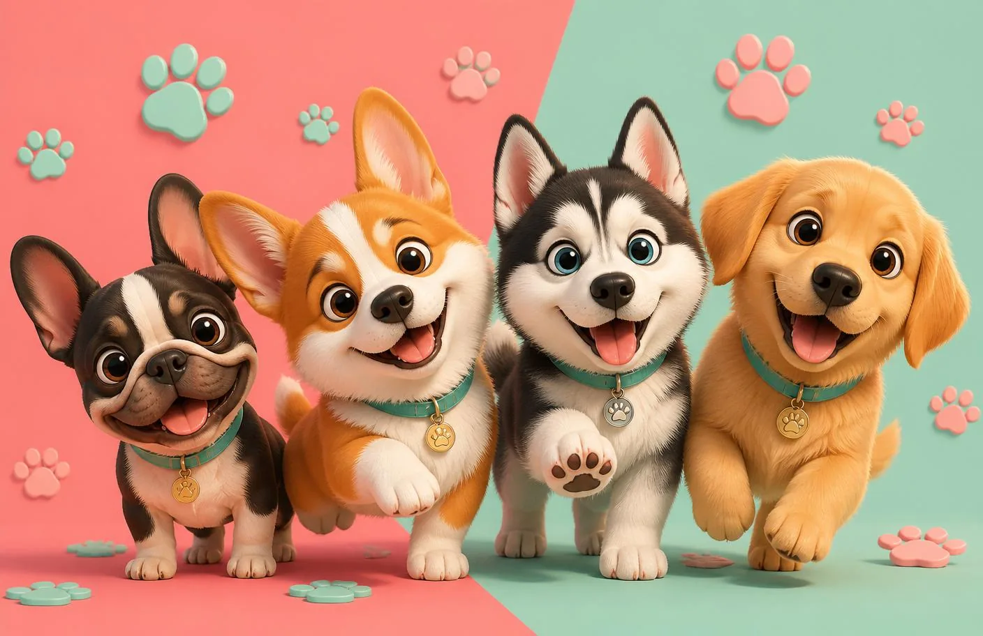 Four adorable 3D puppies posing together